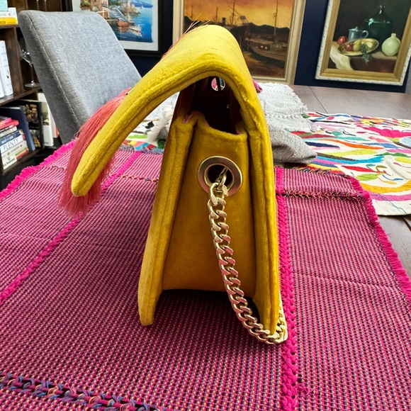 Boden Yellow and Pink Velvet Tassle Bag - Picture 8 of 9
